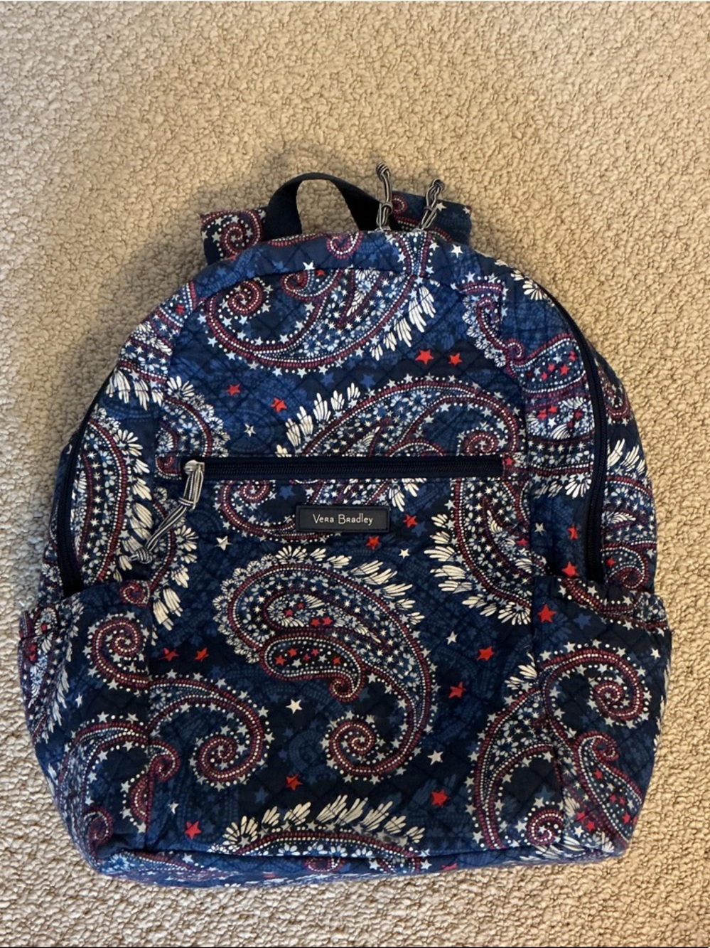 Vera Bradley Navy Paisley Quilted Backpack with Red & White Accents
